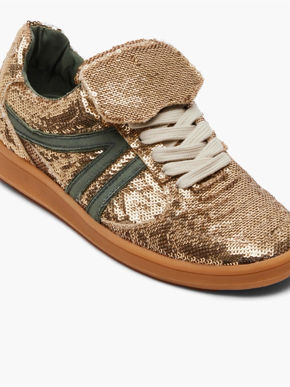 Steve Madden Madrid Gold Sequin Sneakers with Olive Stripes